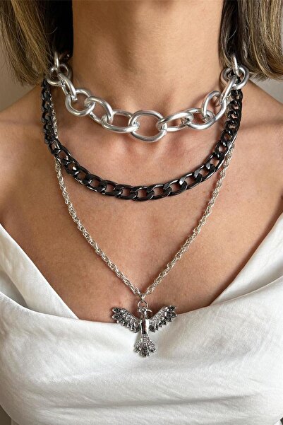 Sose Moda قلادة بسلسلة متعددة باللون الرمادي بتفاصيل فينيكس