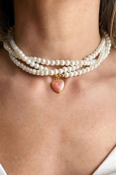 Sose Moda Salmon Heart Jewelled Spiral Design Pearl Necklace