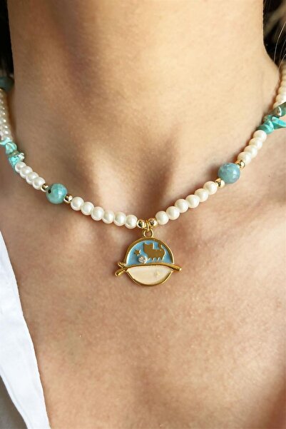 Sose Moda قلادة من العقيق الطبيعي والحجر المكسور بتفاصيل قطة مع لؤلؤ