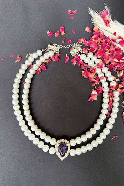 Sose Moda Pearl Choker - Purple Crystal Pendant Necklace