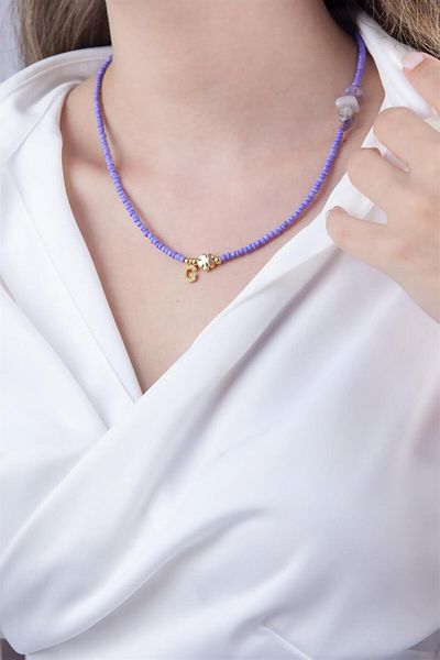 Sose Moda G Letter Lilac Bead Design Necklace