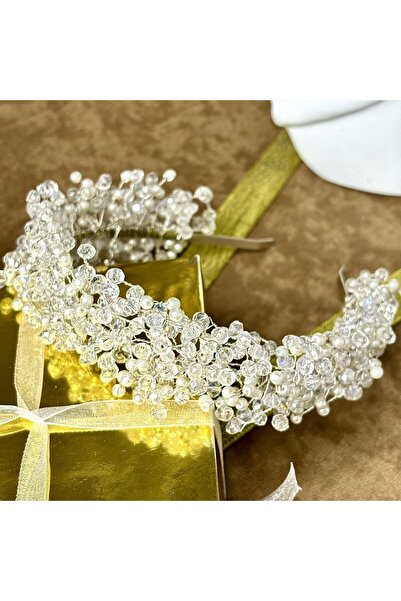 Gold Moda Wedding Gelin Tacı Yoğun Kristal Ve Incili