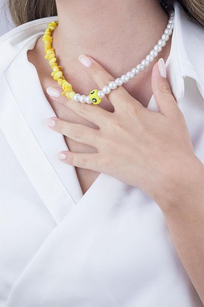 Sose Moda Yellow Evil Eye Bead Necklace with Broken Stone and Pearls