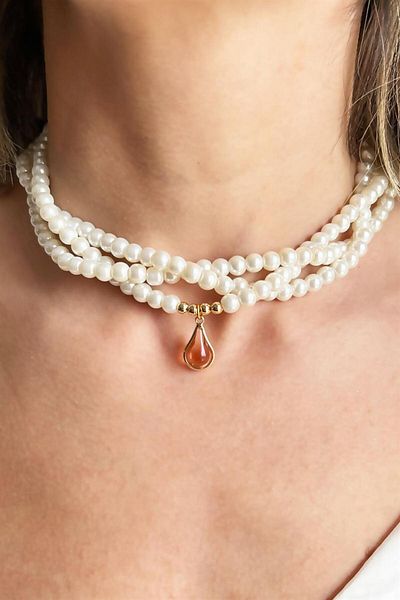 Sose Moda Orange Drop Stone Spiral Design Pearl Necklace