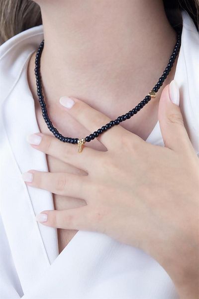 Sose Moda Letter T Black Pearl Design Necklace