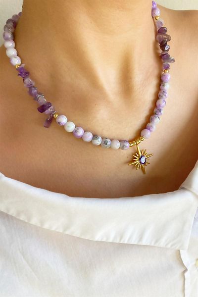 Sose Moda Crystal Glass Beads Natural Stone Necklace with Polar Star End - Purple