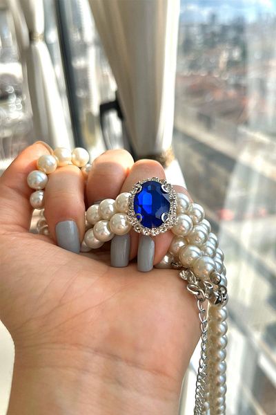 Sose Moda Crystal End Double Row Pearl Necklace - Navy Blue