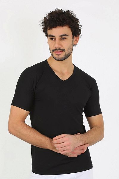 Akbeniz Men's Lycra V-Neck Black T-Shirt 65700