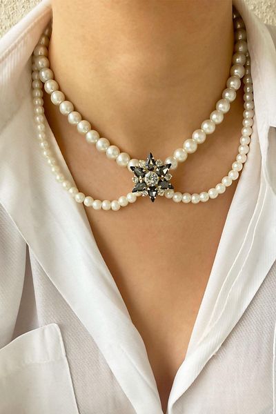 Sose Moda Star Crystal End Pearl Necklace - Black