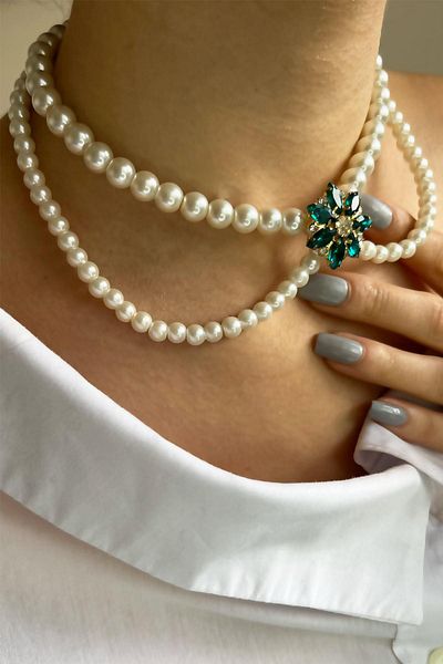 Sose Moda Green Star Crystal End Pearl Necklace