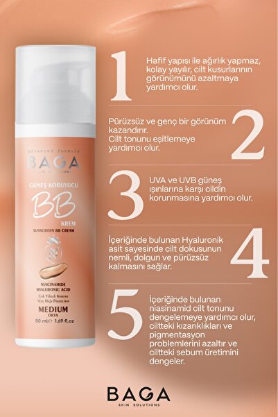 Baga 50+spf Bb Krem Medium Leke Oluşumunu Önlemeye Yardımcı Olur, Aydınlık Ve Canlılık Sağlar
