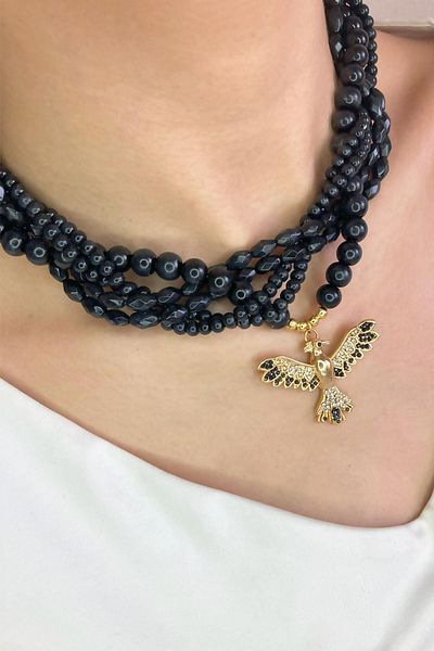 Sose Moda Crystal Glass Bead Necklace with Phoenix - Black
