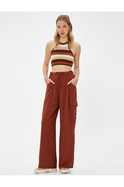 Koton Cargo Pants Elastic Waist Wide Leg Pocket Textured