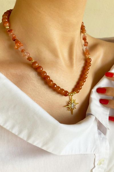 Sose Moda Crystal Glass Beads Natural Stone Necklace with Polar Star End - Orange