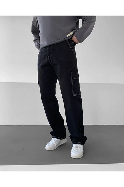 NO1 KONSEPT Baggy Jeans with Cargo Pockets and Black Stitching Detail