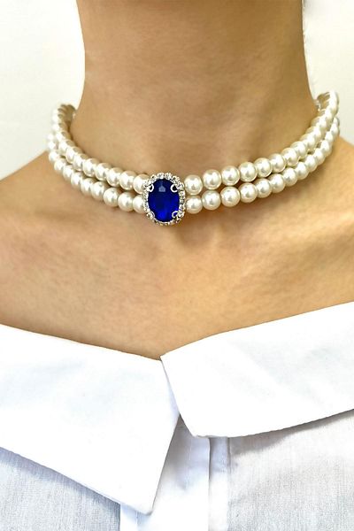 Sose Moda Crystal End Double Row Pearl Necklace - Navy Blue