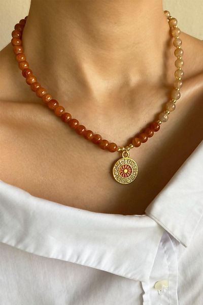 Sose Moda Crystal Glass Bead Necklace with Zodiac Medallion End - Orange