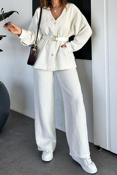 msendam High Waist V-Neck Kimono with Pockets Wide Leg Pants Trend Set - Belt Included
