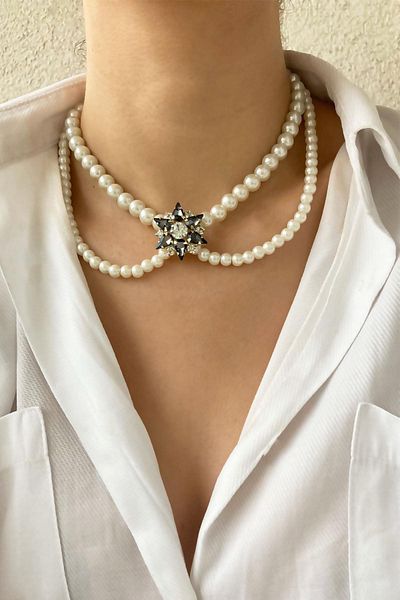 Sose Moda Star Crystal End Pearl Necklace - Black