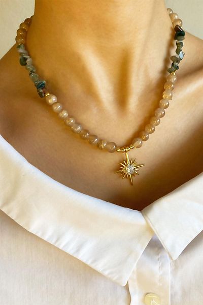 Sose Moda Crystal Glass Beads Natural Stone Necklace with Polar Star End - Green
