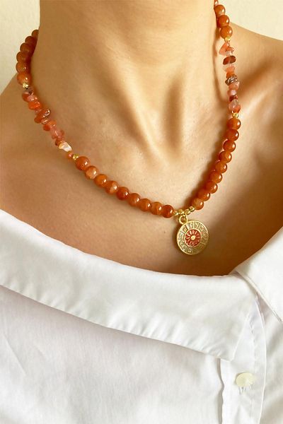 Sose Moda Crystal Glass Beads Natural Stone Necklace with Orange Zodiac Sign Locket End