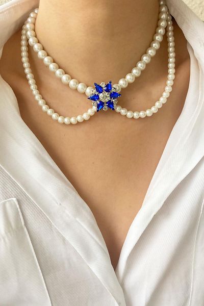 Sose Moda Star Crystal End Pearl Necklace - Navy Blue