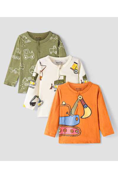 Bonfino تي شيرت قطني محبوك بأكمام طويلة ورقبة هنلي، عبوة من 3 قطع - أخضر زيتو...