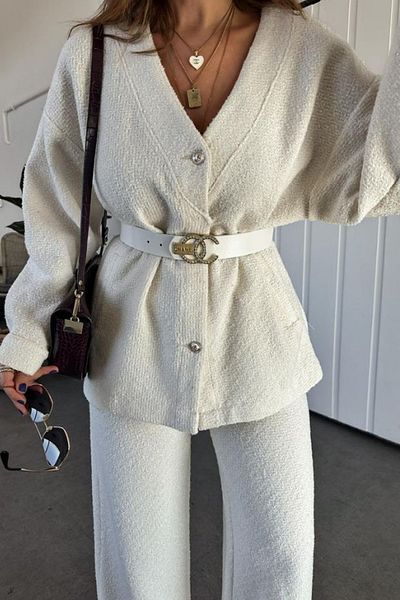 msendam High Waist V-Neck Kimono with Pockets Wide Leg Pants Trend Set - Belt Included