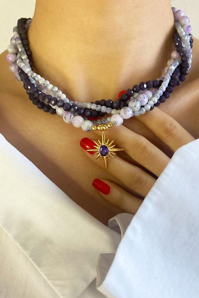 Sose Moda Crystal Glass Bead Coiled Necklace with Polar Star End - Purple