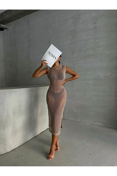 nosia fashion Πλεκτό μακρύ φόρεμα Pareo με σκισίματα στο πλάι, χαμηλή πλάτη, μαλακή και κρύα κατασκευή
