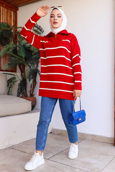 İmajButik Red Collar Zippered Striped Knitwear Tunic