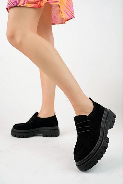 disruptor world Trend Loafer - Lace-Up 5cm Black Suede Sole Women's Shoes