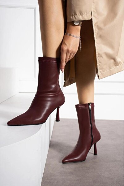 FSKOMBİN Lenka Bordo Deri Kadın İnce Topuklu Bot
