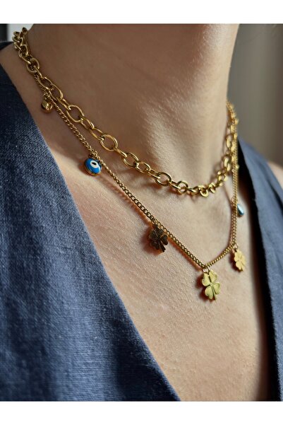 Ressia البرسيم عين الشر مطرز سلسلة مزدوجة قلادة