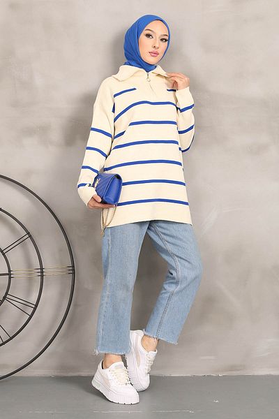 İmajButik Cream / Sax Blue Collar Zippered Striped Knitwear Tunic
