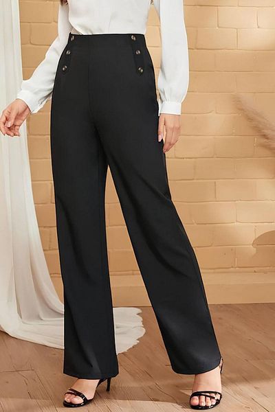 Deafox Button Detail Wide Leg Imported Crepe Trousers