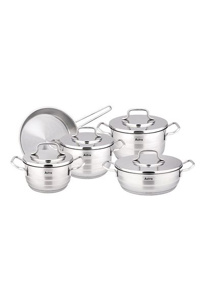 Astra 9-Piece Astra Premium Cookware Set - 18/10 - Stainless Steel -3Deep Pots -1Low Pot -1Frypan