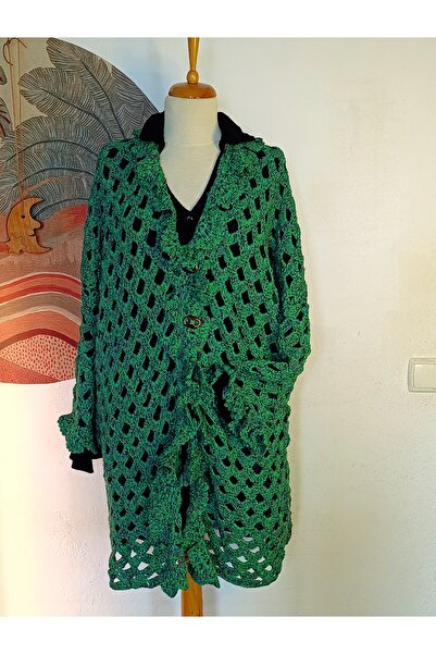 Hippybutik Yeşil Siyah Kırçıllı Uzun Mevsimlik El Örgüsü Hırka Bol Kesim Asta...