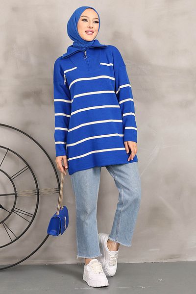 İmajButik Saks Μπλε γιακά με φερμουάρ ριγέ πλεκτό τουνίκ