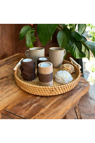 Toprak Design Rattan tepsili, Kupalı, tealight mumluk,kokulu şakayık mum Ev h...
