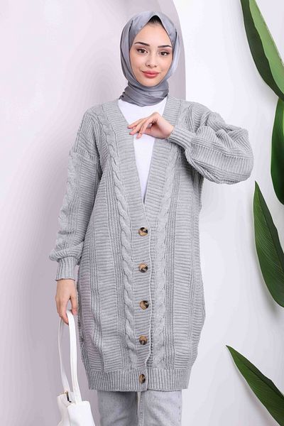 İmajButik Ζακέτα με γκρι κουμπιά μακριά πλεκτά