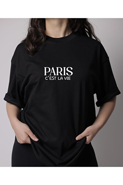 SWEATEE تي شيرت باريس سيست لا في مطبوع باللونين الأبيض والأسود للجنسين