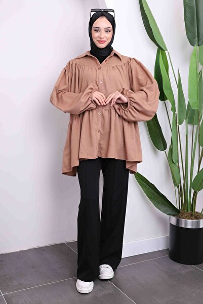 İmajButik Πουκάμισο με ελαστική φούστα με μανίκια βιζόν