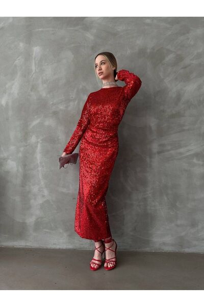 maf collection Kadın Kırmızı Payet Uzun Abiye Elbise
