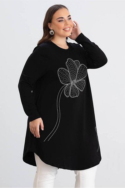 FOR ESRA BIG TREND Women's Plus Size Large Flower Stone Print Stretchy Viscose Tunic