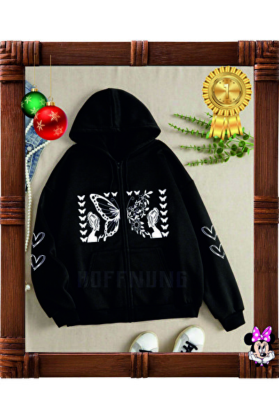 HOFFNUNG سترة نسائية سوداء بغطاء للرأس بسحاب وجيب الكنغر ومطبوعة على شكل قلب ...