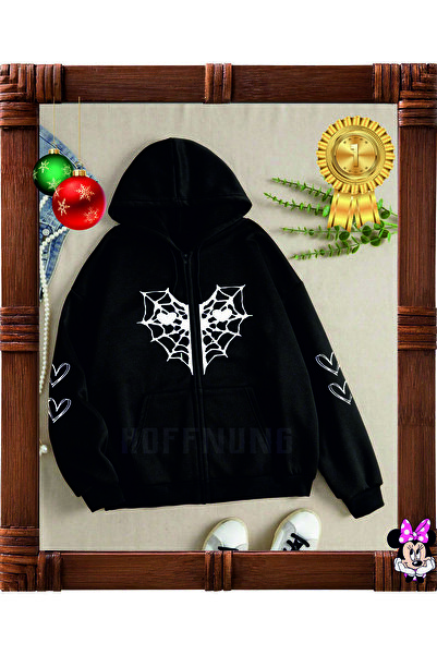 HOFFNUNG سترة نسائية سوداء بغطاء للرأس بسحاب وجيب الكنغر ومطبوعة على شكل قلب ...