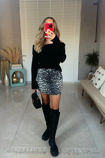 Mucios Yüksek Bel Leopar Desen Mini Denim Etek