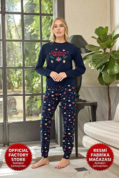 Aydoğan طقم بيجامة نسائي باللون الأزرق الداكن - 95% قطن، كم طويل، رقبة دائرية...