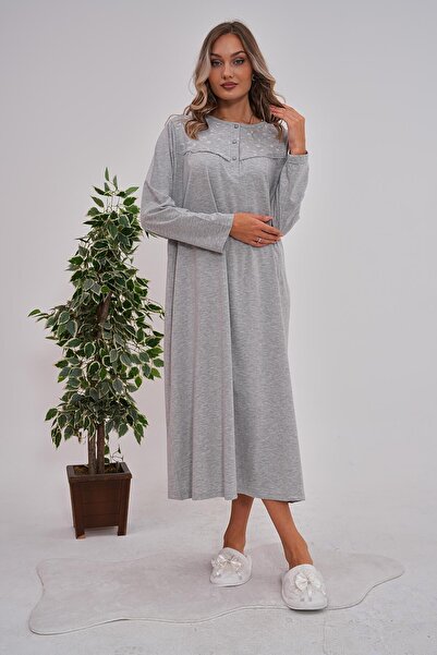 Mecit Pijama Cotton & Viscose Fabric, Long Sleeve, Buttons on Collar, Plus Size Mother's Nightgown